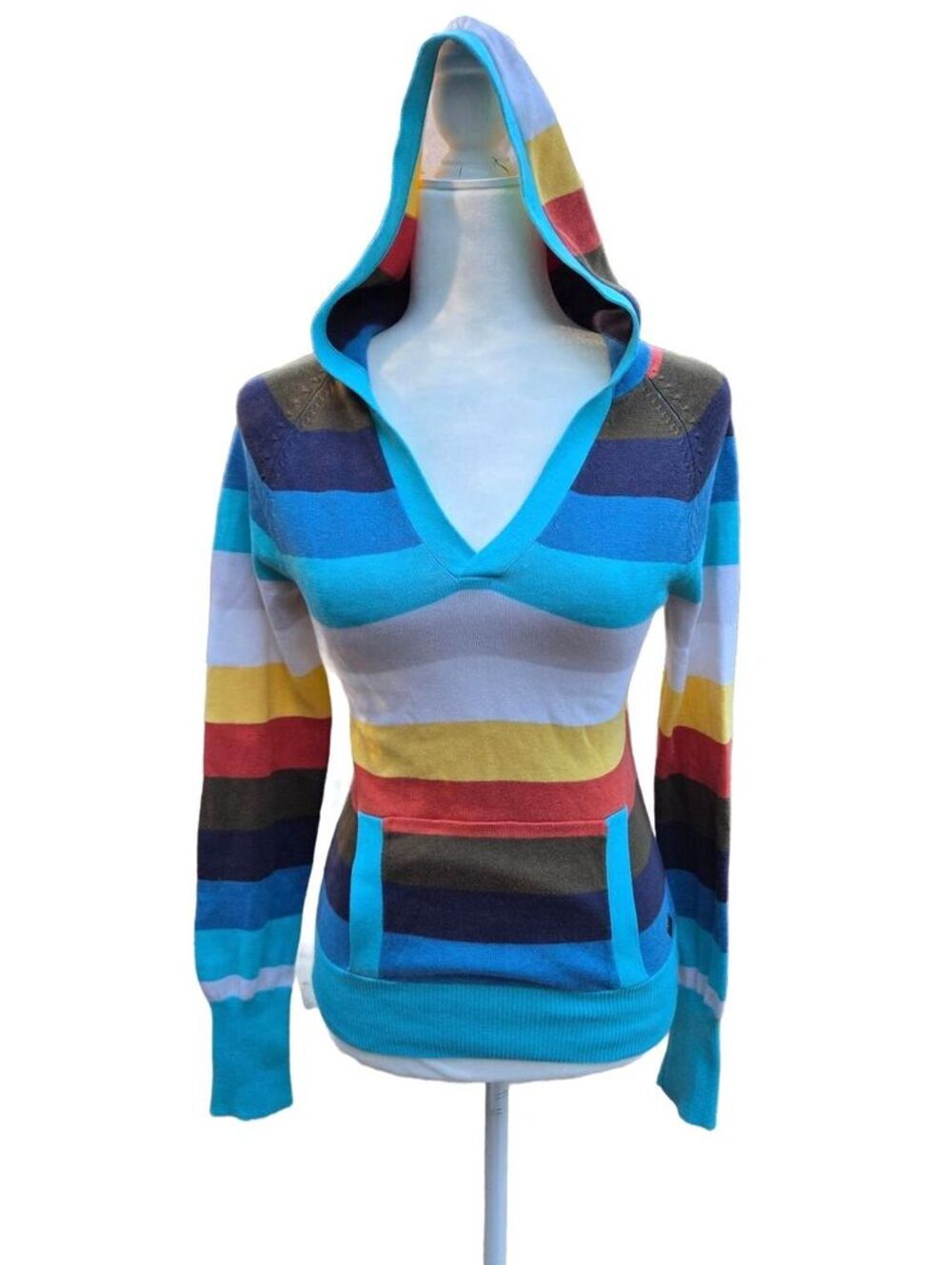 Vintage Y2K Roxy Striped Knit Hoodie Sweater Multi-Color V-Neck Retro Size S